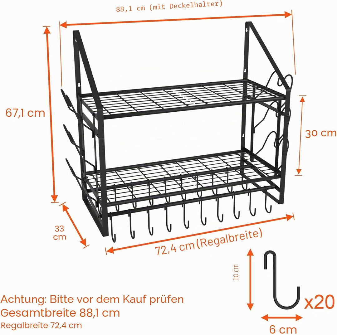 Wandmontierter Topfhalter, 2-stöckiger Topf- und Pfannenhalter mit 20 Haken und 6 Topfdeckelhaltern,