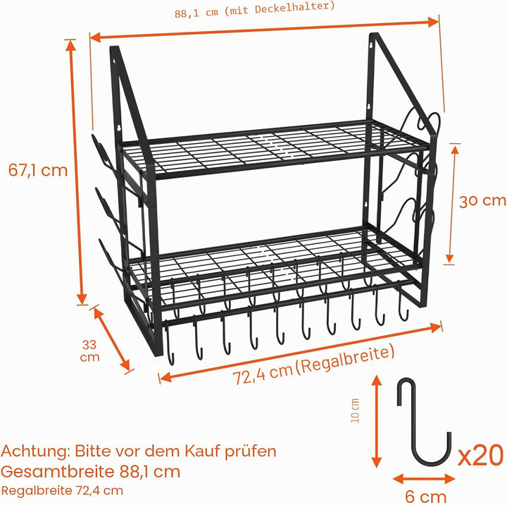 Wandmontierter Topfhalter, 2-stöckiger Topf- und Pfannenhalter mit 20 Haken und 6 Topfdeckelhaltern,