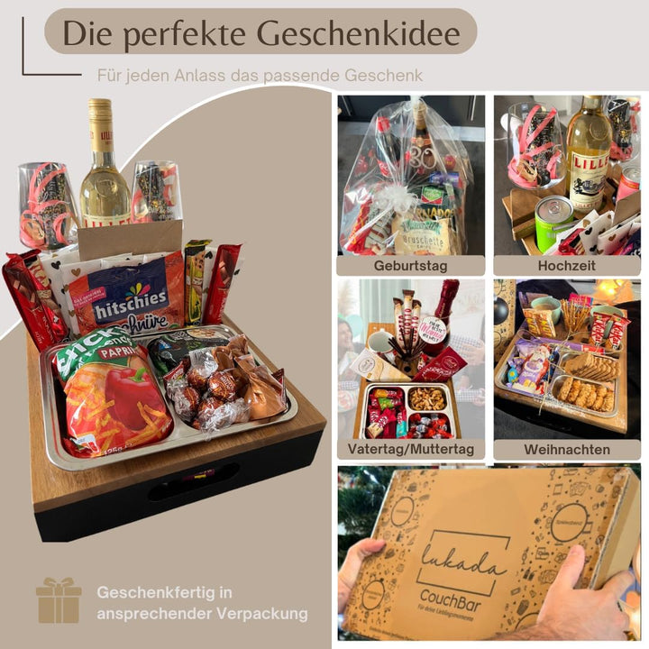 Lukada Premium Couchbar Snackbox | XXL Snackschale & 4 Getränkehalter | Akazien Holz & Bambus Sofata