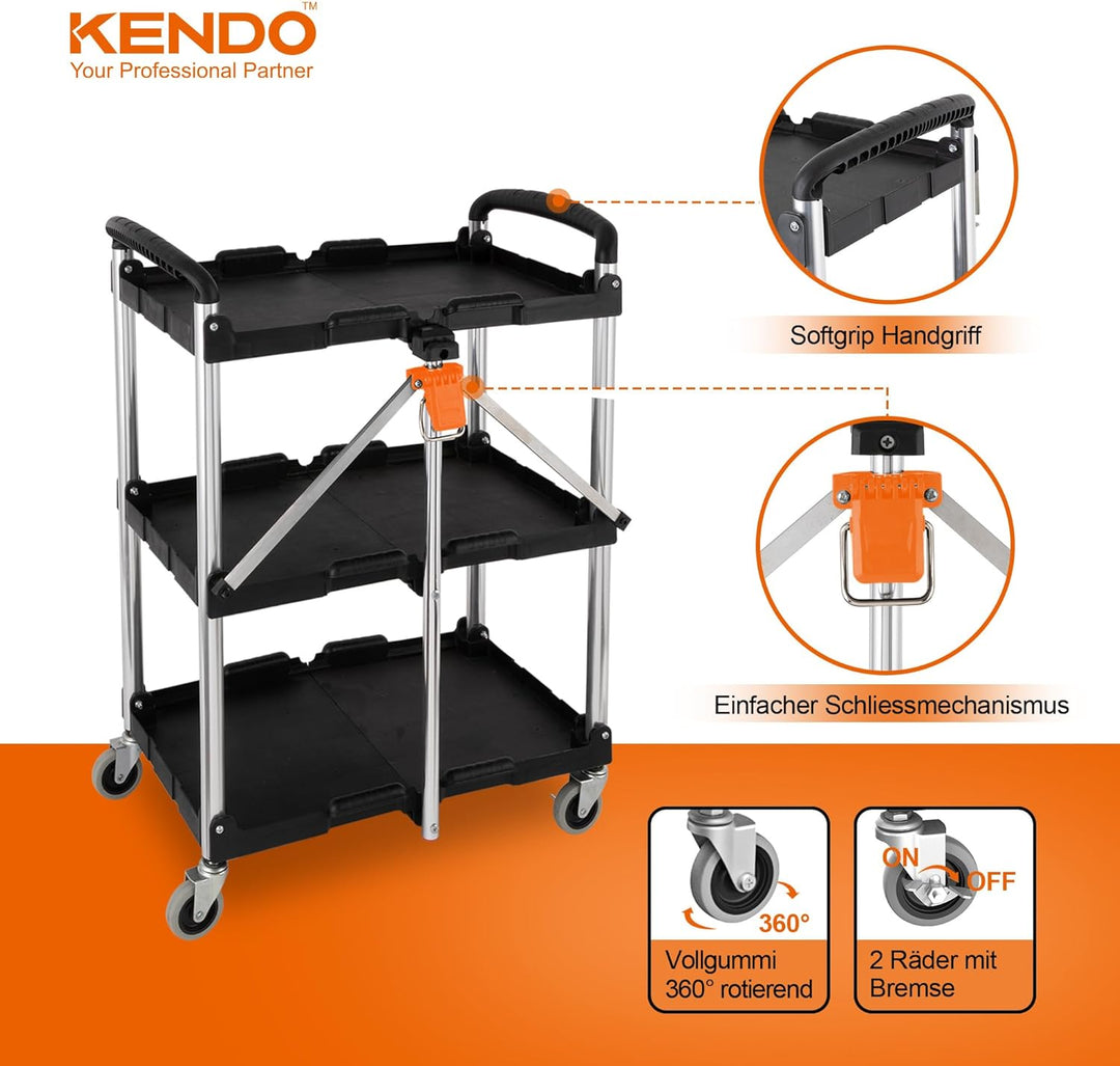 KENDO Servierwagen klappbar - Rollwagen Küche, Beistellwagen mit gebremsten Rollen und Zuladung bis