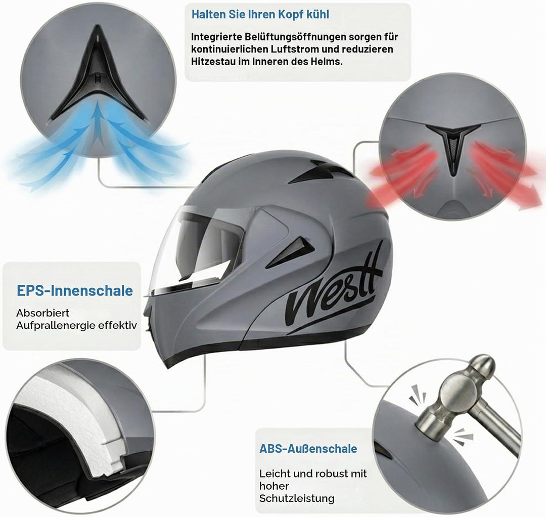 Westt Motorradhelm Herren Damen Integralhelm Klapphelm Flip-up Motorrad Jethelm Chopper Mofa Moped R