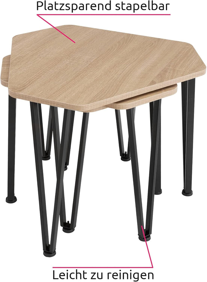 tectake Beistelltisch 3er Set, sechseckiger Couchtisch in 3 Grössen, Industrie-Stil, Holz Satztische
