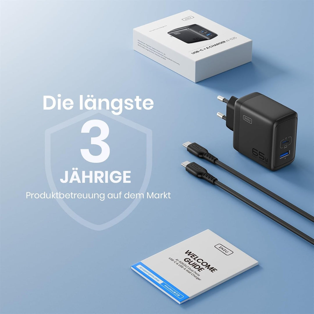 INIU 65W USB C Ladegerät, GaN Ⅱ 2-Port USB C-USB A Netzteil Steack Adapter GaN II Tech Schnellladege