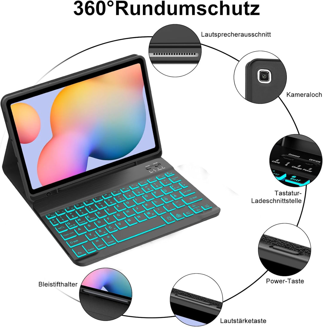 Tastatur Hülle für Samsung Galaxy Tab S6 Lite 10,4 Zoll 2024/2022/2020, 7 Farben Beleuchtung, Keyboa