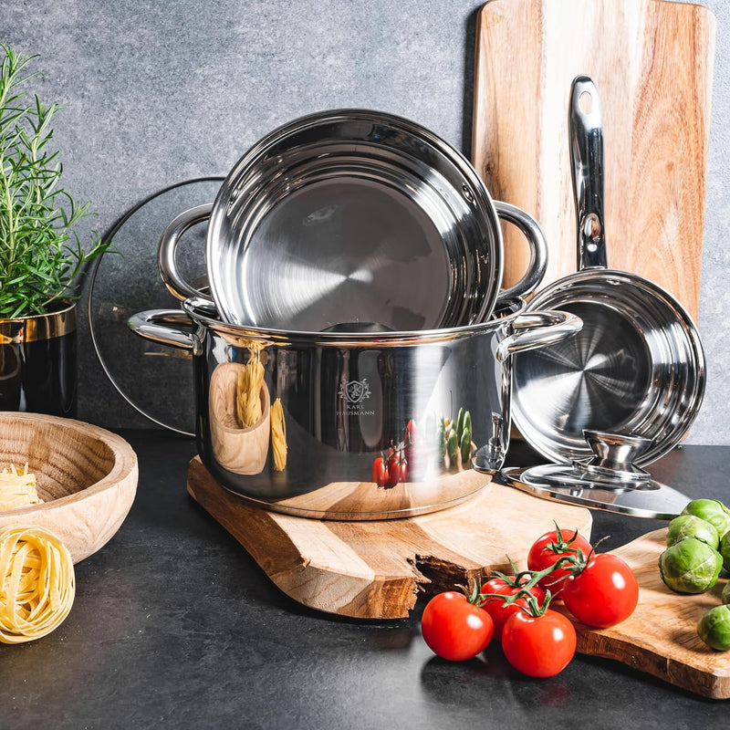 Topfset Induktion 3-teilig, Kochtopf Set mit Glasdeckel, Edelstahl mattiert, Induktions Töpfe Set un