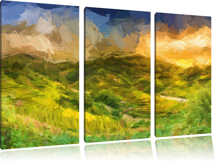 Pixxprint Berg Farm in Asien / 3-Teilig/Gesamtmass 120cm Leinwandbild bespannt auf Holzrahmen/Wandbi
