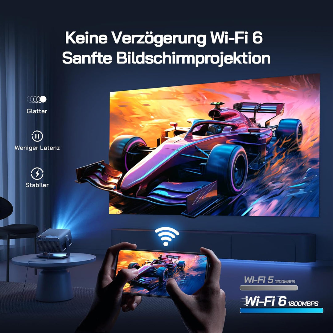 WOLFANG Mini Beamer 4K【Netflix Official & Autofokus/Trapezkorrektur】, 28000 Lumen WiFi 6 Smart Proje