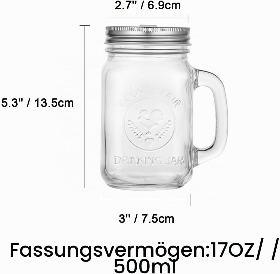 Glas Trinkgläser Mit Deckel und Strohhalm, Vintage Einmachgläser 500ml 4er Mason Jar Wide Mouth Henk