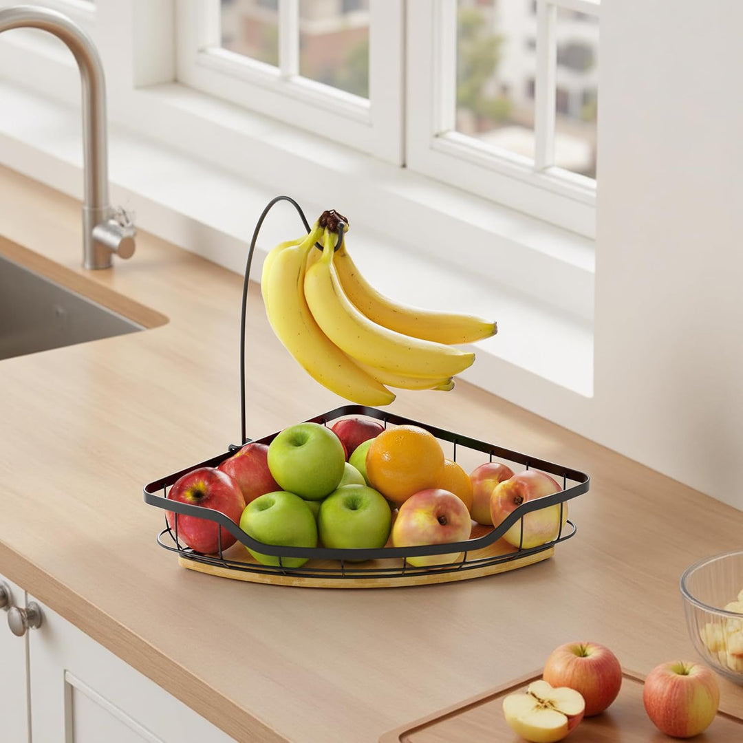 Obstkorb Schwarz Rechteckig 1-stöckiger Obstschale mit Bananen-Aufhänger, Metall Obstschale mit Bamb