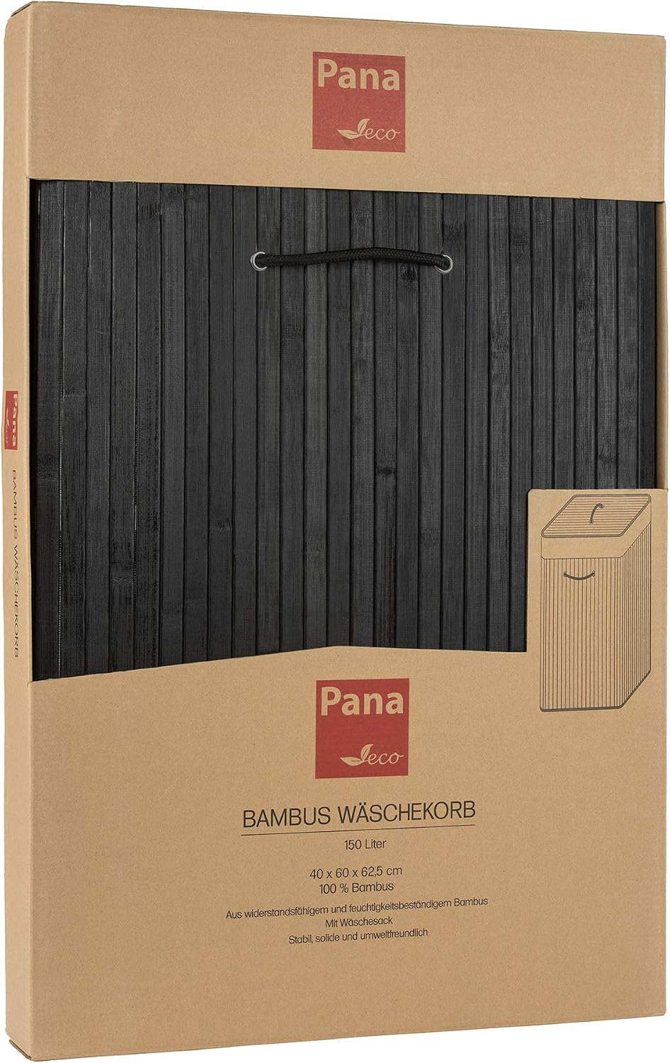PANA®ECO Bambus Wäschekorb mit Deckel - 72 L, 40x30x60 cm - Farbe: Schwarz | Herausnehmbarer Wäsches