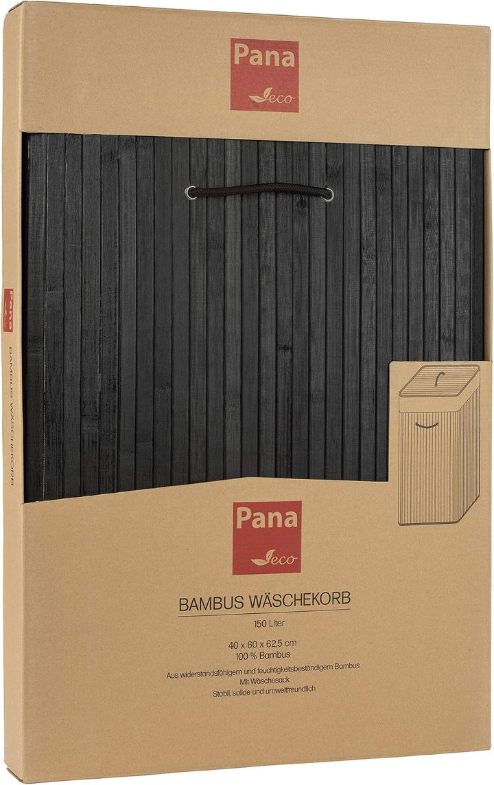PANA®ECO Bambus Wäschekorb mit Deckel - 72 L, 40x30x60 cm - Farbe: Schwarz | Herausnehmbarer Wäsches