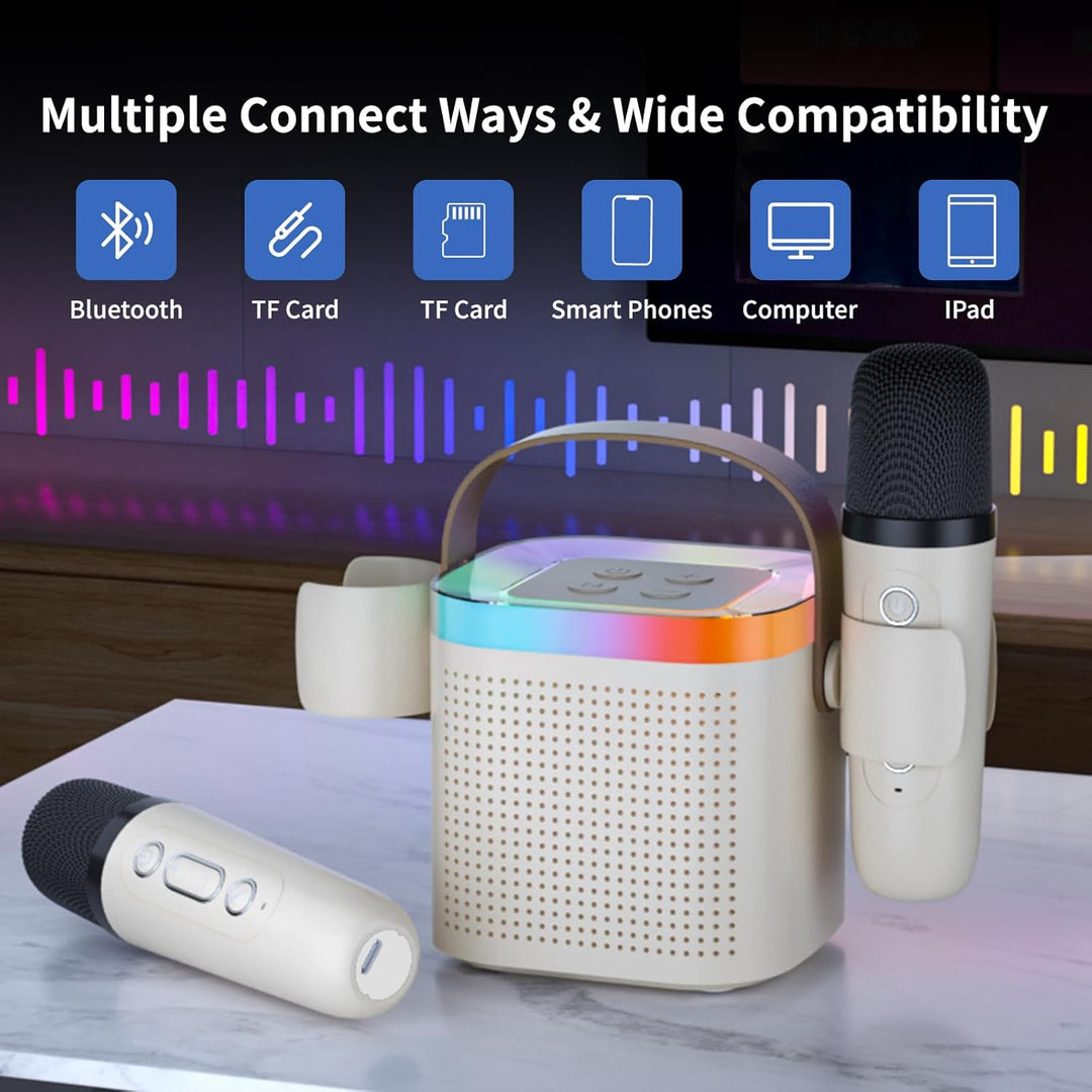 Mini Karaoke Maschine mit 2 Mikrofones, Kreative Musik Lautsprecher mit Mic Halter für Kinder Erwach