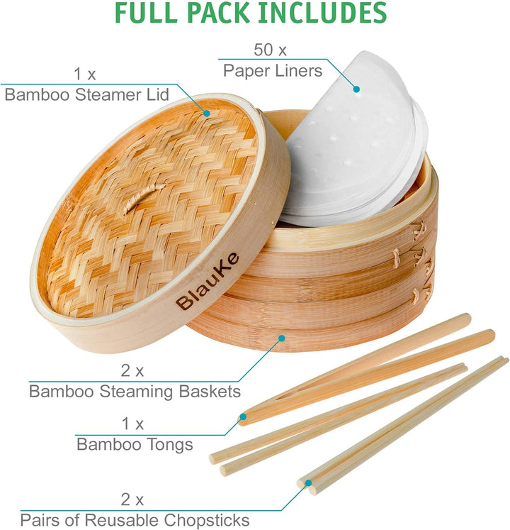 Bambusdämpfer (Bamboo Steamer) - 25cm mit 2 Etagen Bambus Dampfkörbe mit Deckel - 2 Paar Essstäbchen