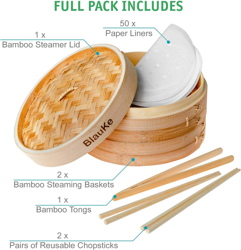 Bambusdämpfer (Bamboo Steamer) - 25cm mit 2 Etagen Bambus Dampfkörbe mit Deckel - 2 Paar Essstäbchen