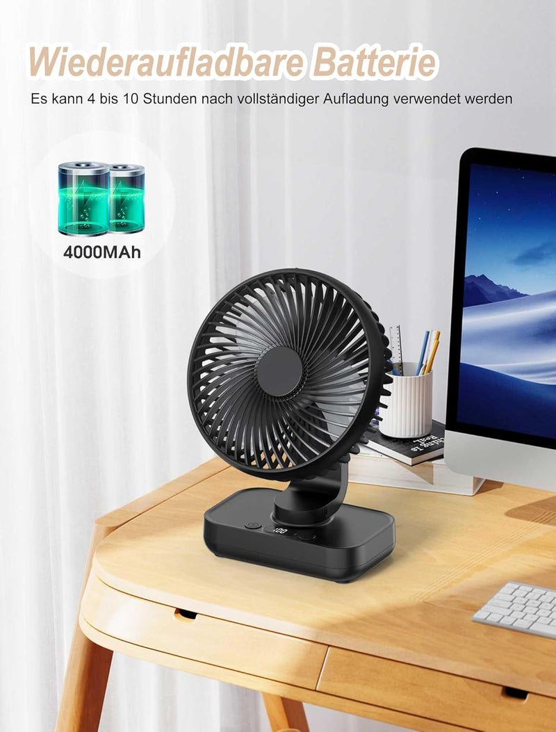 Joneytech Tischventilator Leise Automatisch Oszillierend, 4000mAh Akku USB Klein Tragbarer 4 Geschwi