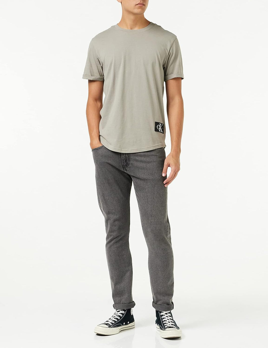 Calvin Klein Jeans Herren Badge Turn Up Sleeve Kurzarm Strickoberteile, Grau (Elephant Skin)