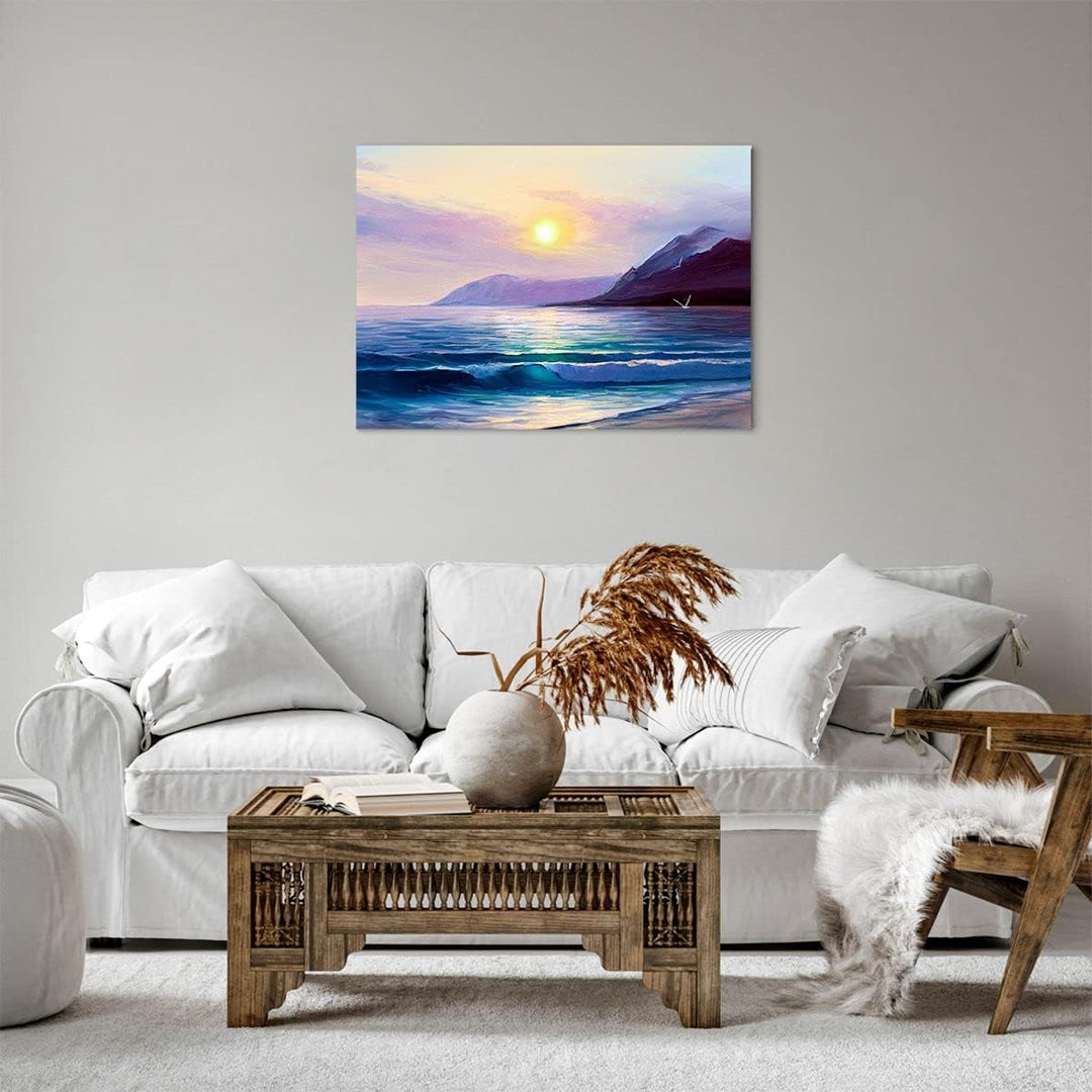 Bilder auf Leinwand Berge Meer Welle Leinwandbild mit Rahmen 70x50cm Wandbilder Dekoration Wohnzimme