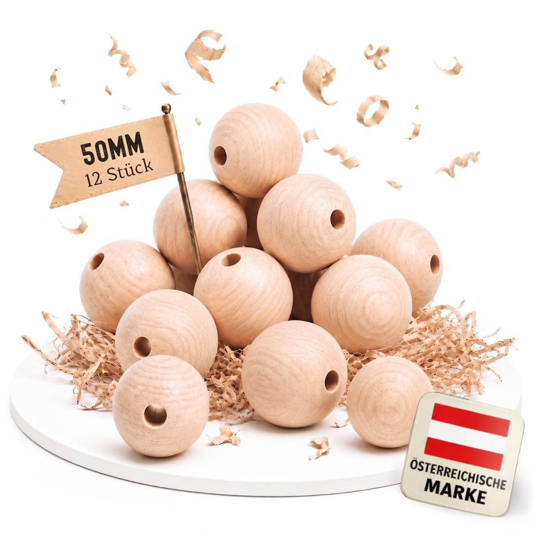 EV® Holzkugeln mit Loch - 12 Stück 50mm Durchmesser - Made in Austria - Grosse Holzperlen mit 8mm Bo