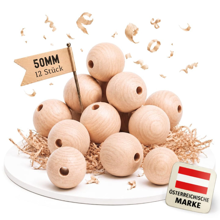 EV® Holzkugeln mit Loch - 12 Stück 50mm Durchmesser - Made in Austria - Grosse Holzperlen mit 8mm Bo