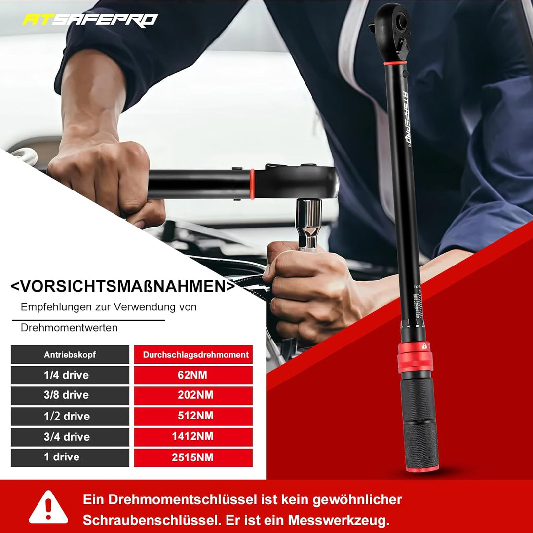 ATsafepro Drehmomentschlüssel 1/2 Zoll, Drehmomentschlüssel Auto 20-230 Nm mit 3/8 Zoll Adapter, hoh