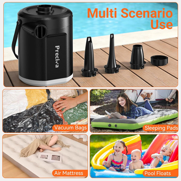 Preciva Elektrische Luftpumpe mit Akku, 5000mAh USB-C wiederaufladbar, 280L/Min 4kPa, Kompakte Campi