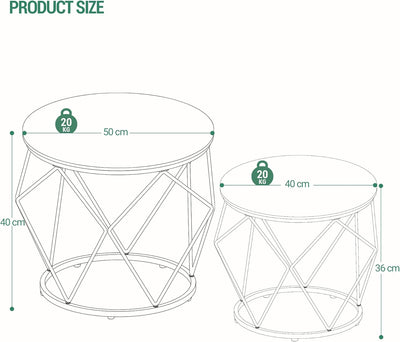 Hzuaneri Couchtisch rund, 2er Set Beistelltische, Beistelltisch-Set mit Metallrahmen, Kleiner Beiste