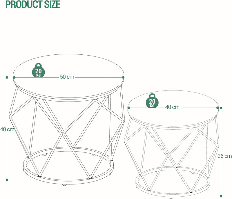 Hzuaneri Couchtisch rund, 2er Set Beistelltische, Beistelltisch-Set mit Metallrahmen, Kleiner Beiste