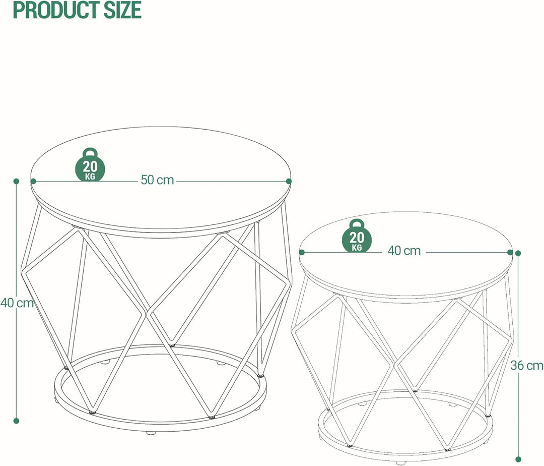 Hzuaneri Couchtisch rund, 2er Set Beistelltische, Beistelltisch-Set mit Metallrahmen, Kleiner Beiste
