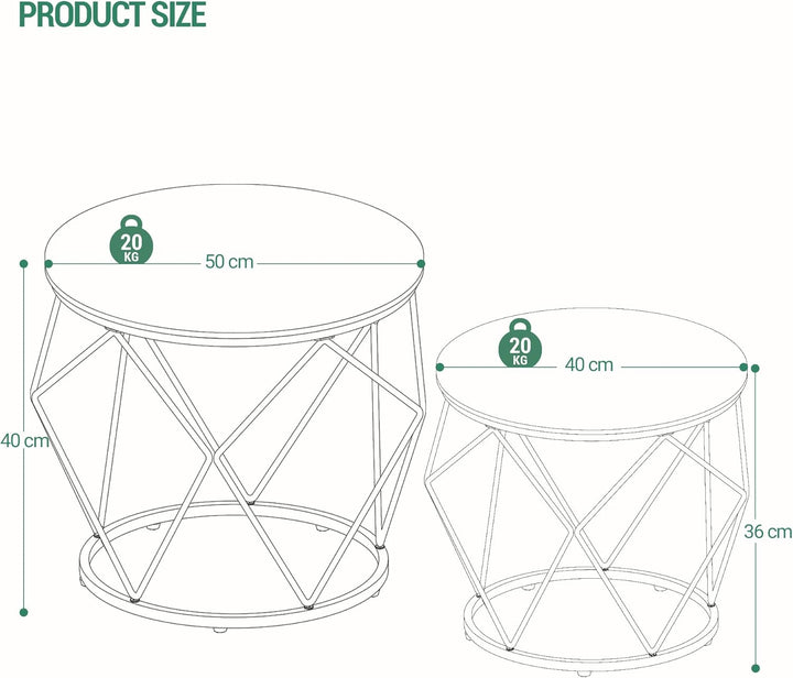 Hzuaneri Couchtisch rund, 2er Set Beistelltische, Beistelltisch-Set mit Metallrahmen, Kleiner Beiste