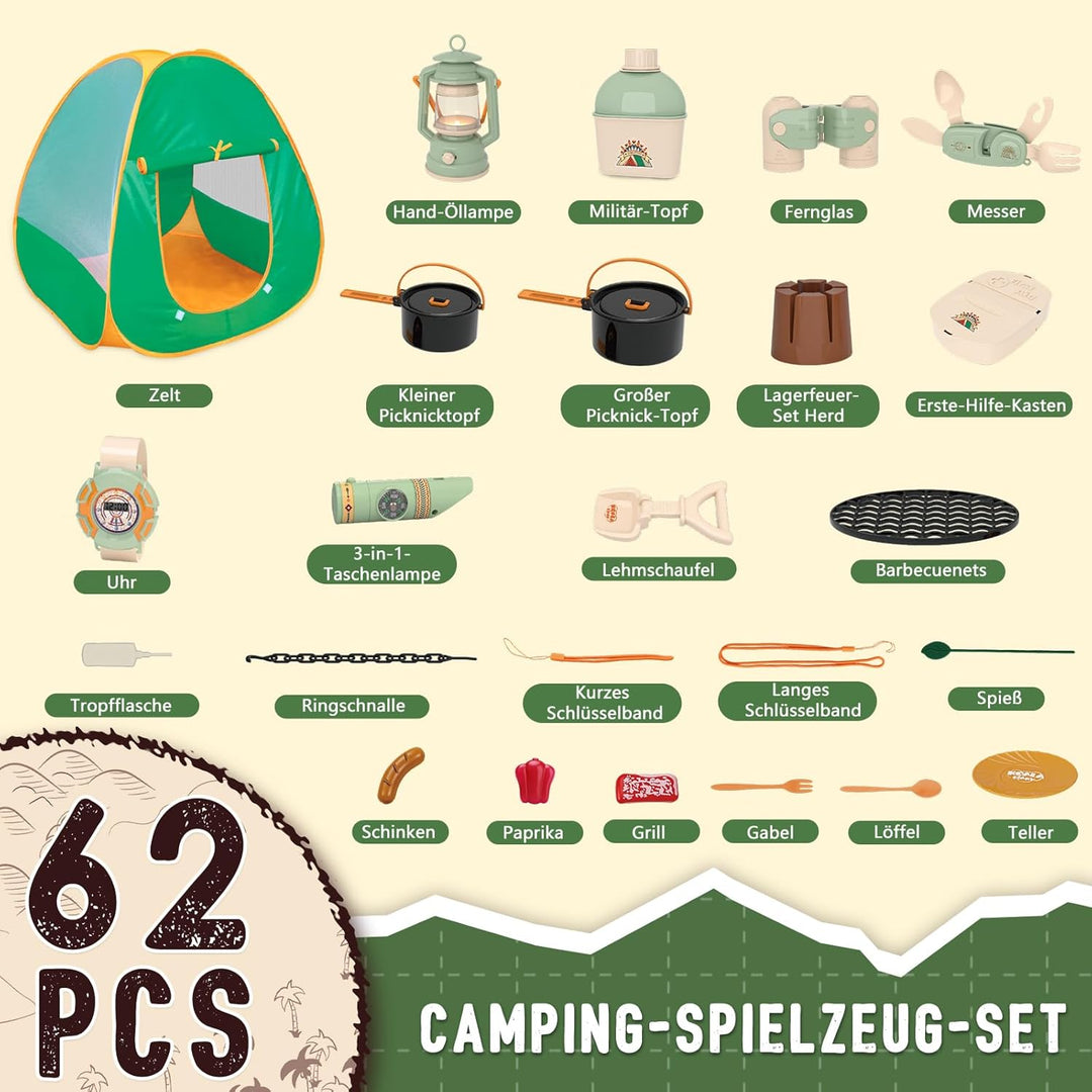 Fisca 62PCS Kinder Spielzelt - Campingzelt mit Ausrüstung & Werkzeug, Abenteuer Camping Set für Klei