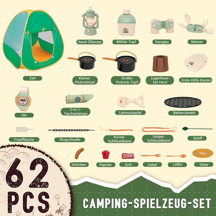 Fisca 62PCS Kinder Spielzelt - Campingzelt mit Ausrüstung & Werkzeug, Abenteuer Camping Set für Klei