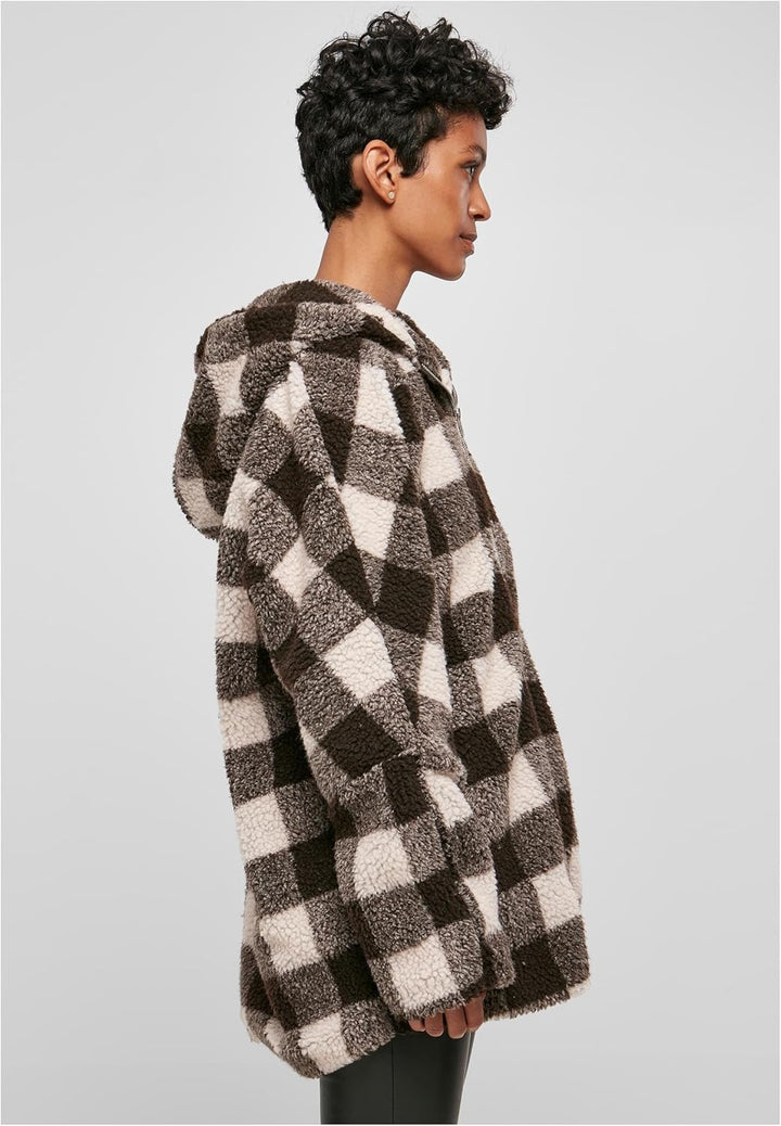 Urban Classics Ladies Hooded Oversized Check Sherpa Jacket Frauen Übergangsjacke braun S pink/brown,