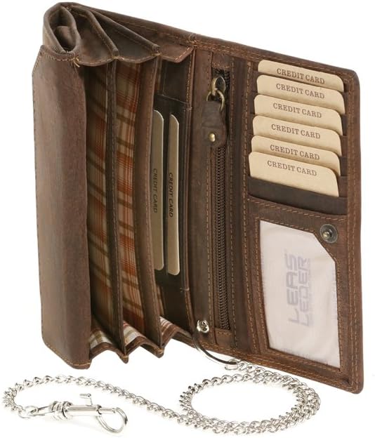 LEAS Bikerbörse Langbörse mit Chrom-Kette im Vintage-Stil MCL in Echt-Leder, braun Chain-Series