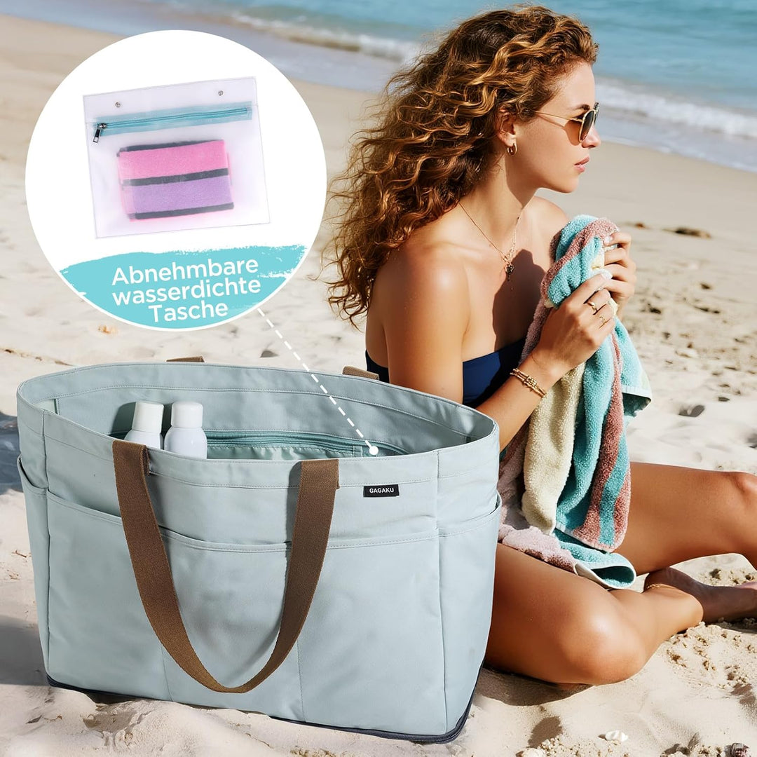 GAGAKU Strandtasche XXL mit Kühlfach, Wasserfest Beach Bag mit Reissverschluss – Faltbar Gross Badet