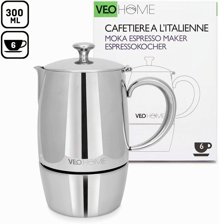 VeoHome Mokka Pot Espressokocher 6 Tassen 300 ml - Edelstahl italienische Mokka kanne Induktionsherd