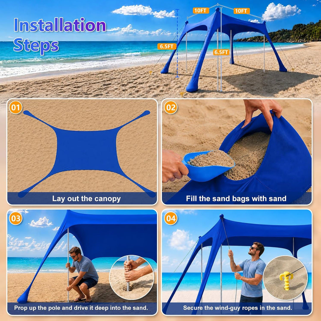 Strandzelt mit Strandmatte, LSF 50+ Hochschutz, 3x3x2m, inkl. Sandanker, Alu-Stangen & Tragetasche,