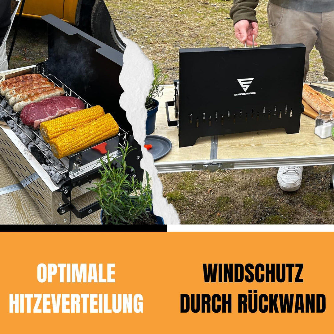 SCHNEIDERFREUDE Klappgrill 2.0: Höhenverstellbarer Camping-Grill mit Doppelfunktions-Zangen & Tasche