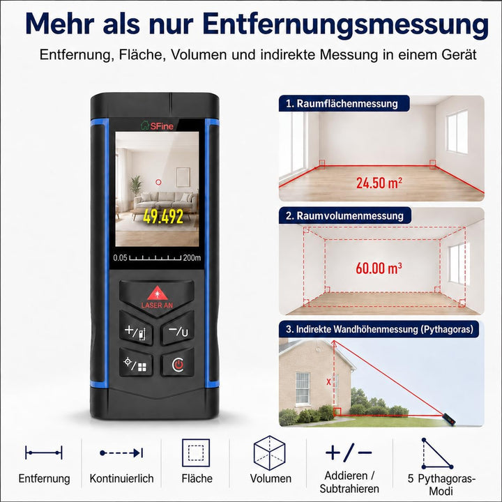 Laser-Entfernungsmesser 200 m (650 ft) mit Kamera, Digitaler Distanzmesser mit Stativ, ±2 mm Genauig
