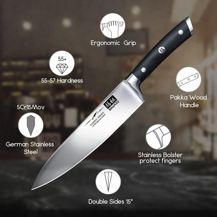 SHAN ZU Kochmesser Deutscher Edelstahl 20cm Küchenmesser Extra Scharfe Messerklinge mit ergonomische