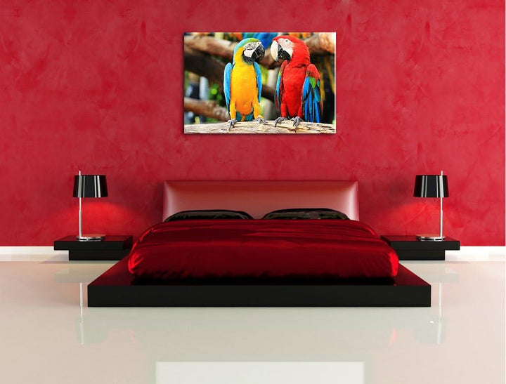Zei Papageien auf einem Ast Format: 100x70 auf Leinwand, XXL riesige Bilder fertig gerahmt mit Keilr