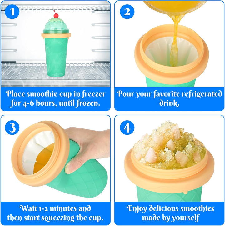 2er Set DIY Slush Becher, Silikon Squeeze Cup mit 2-in-1 Strohhalm und Löffel, Slush Eis Becher zum