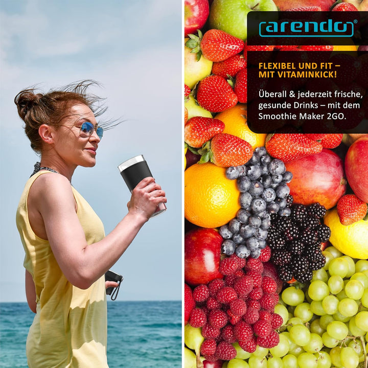 Arendo - Smoothie Maker to GO – tragbarer kabelloser Mixer 350 ml – Akkubetrieb Li-Ion - BPA freie F