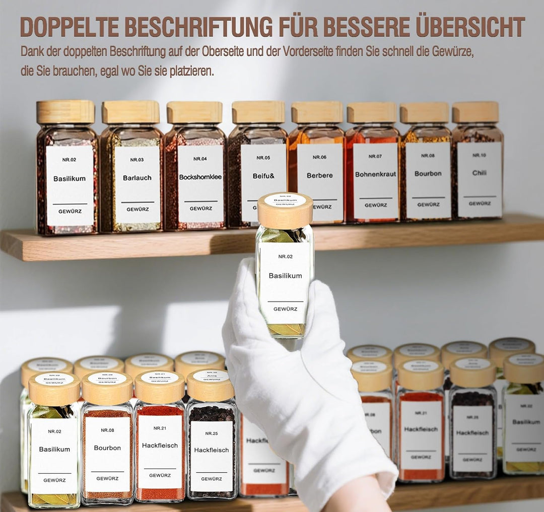 24 Gewürzgläser Eckig Set mit Bambusdeckel 10,5 x 4,5 cm Gewürz Organizer mit Gewürzmühle und 200 We