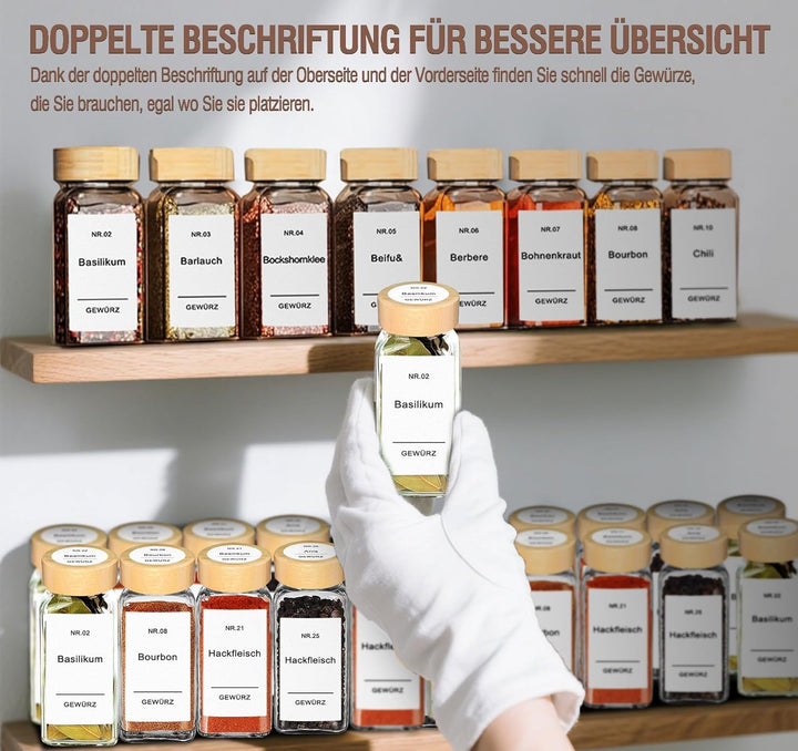 24 Gewürzgläser Eckig Set mit Bambusdeckel 10,5 x 4,5 cm Gewürz Organizer mit Gewürzmühle und 200 We