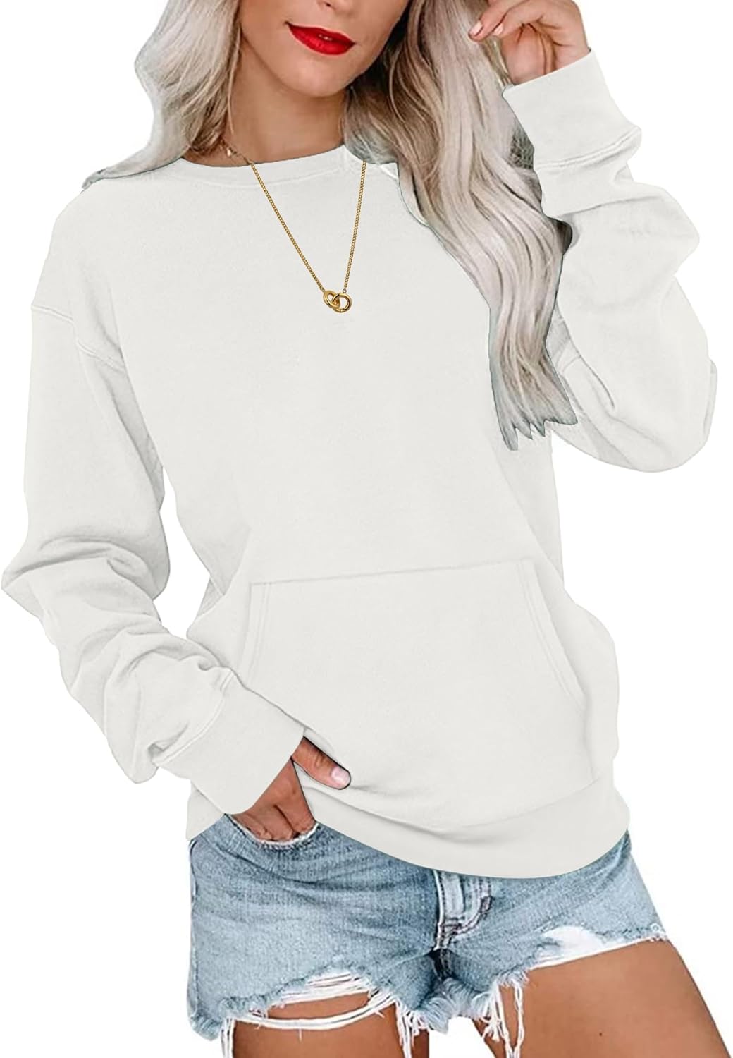 WNEEDU Damen Langarmshirts Lässige Sweatshirts mit Taschen Weiss L, Weiss L