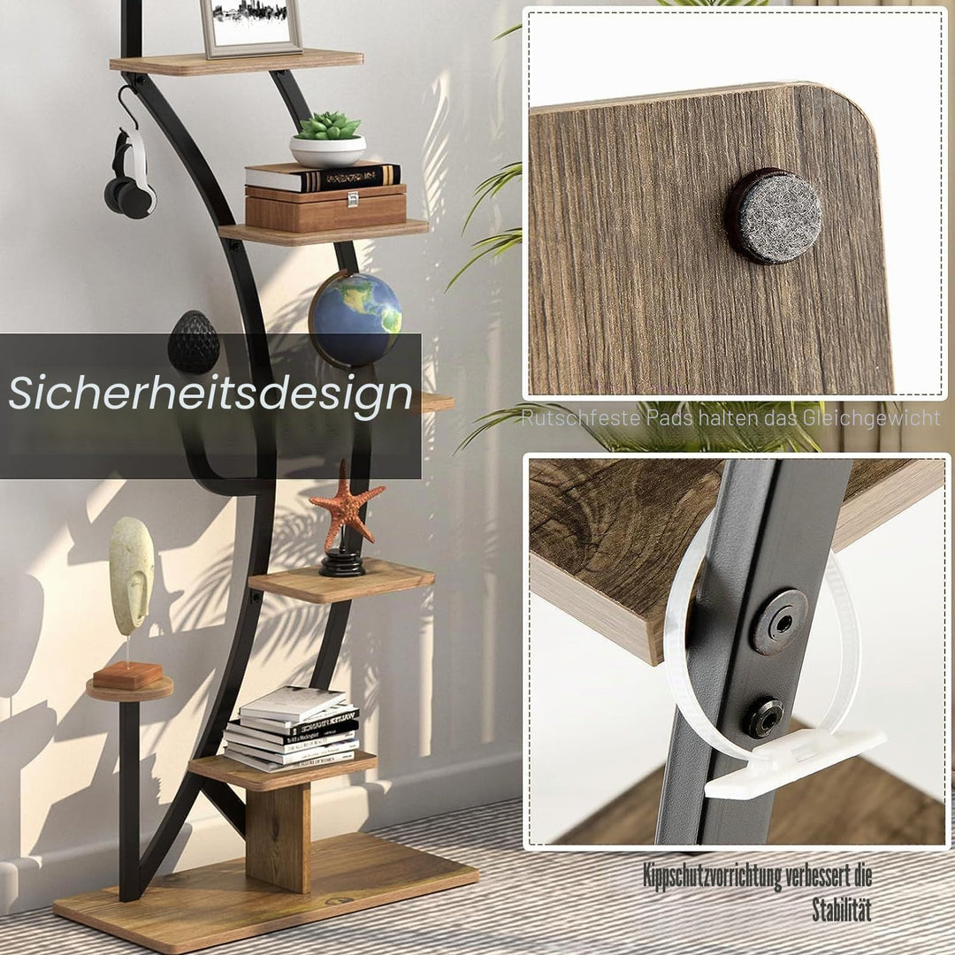 HOMASIS 6 Ebenen Pflanzenregal aus Metall, Blumenständer mit 7 Ablagen &amp; 1 Haken, elegante Halbmondf