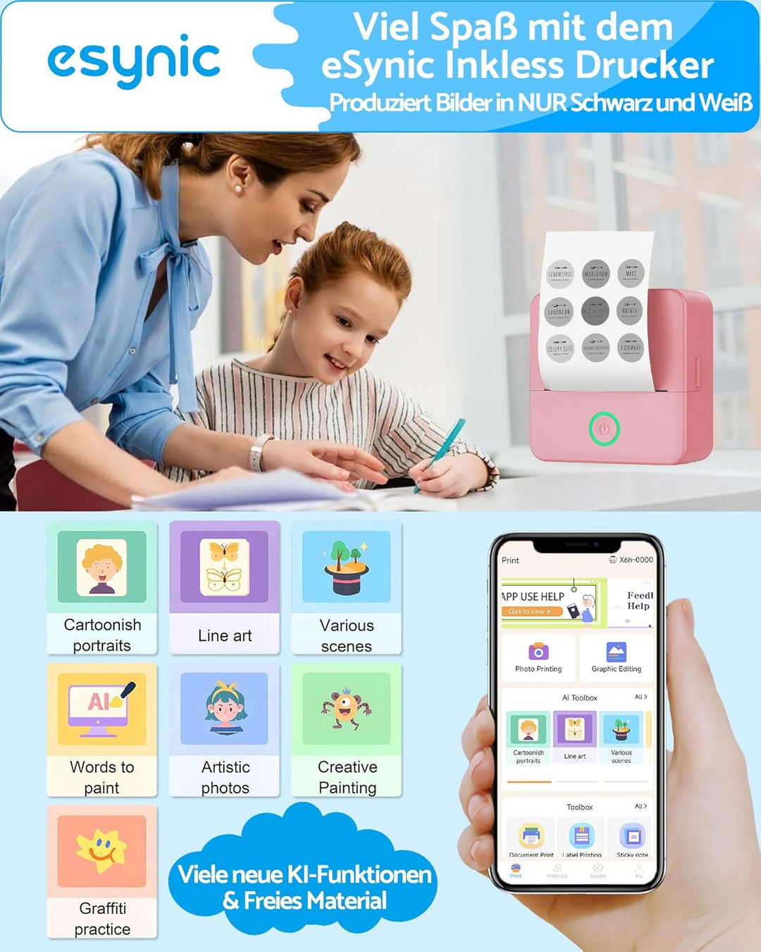 eSynic Mini Drucker – 200 DPI Thermodrucker Bluetooth Drucker für Smartphone, Kompakt und Tragbar, K