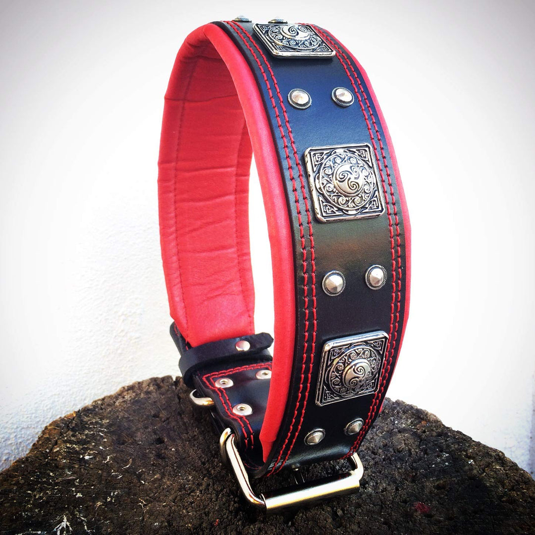 Bestia® EROS Lederhalsband für grosse Hunderassen mit Altsilber Dekoration und weicher Innerpolsteru