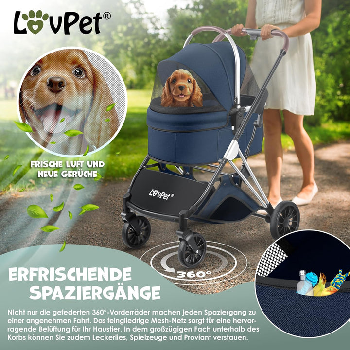 LOVPET® Hundewagen 3in1 Hundebuggy Hundebox Transporttasche 360° Grosse Räder Faltbar klappbar Haust