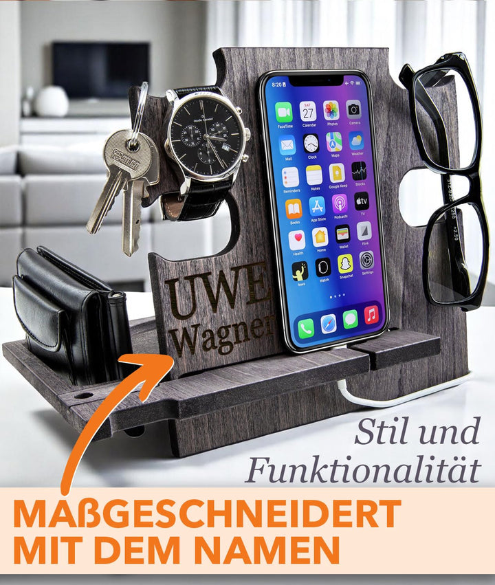 Docking Station personalisiert – Geschenk für Männer Geburtstag – Handyhalterung Organizer aus Holz